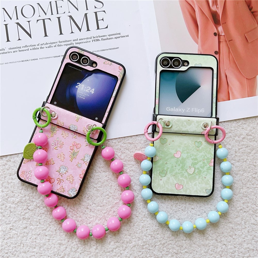 For Samsung Galaxy Z Flip7 FE 5G / Z Flip6 5G Case Anti Drop PC + PU Phone Back Cover with Beaded Strap Pattern Design - Tulip Pink