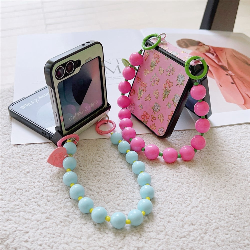 For Samsung Galaxy Z Flip7 FE 5G / Z Flip6 5G Case Anti Drop PC + PU Phone Back Cover with Beaded Strap Pattern Design - Tulip Pink