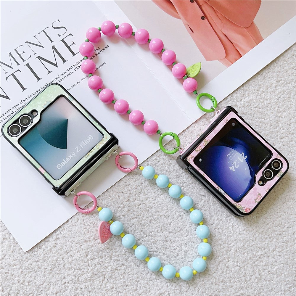 For Samsung Galaxy Z Flip7 FE 5G / Z Flip6 5G Case Anti Drop PC + PU Phone Back Cover with Beaded Strap Pattern Design - Tulip Pink