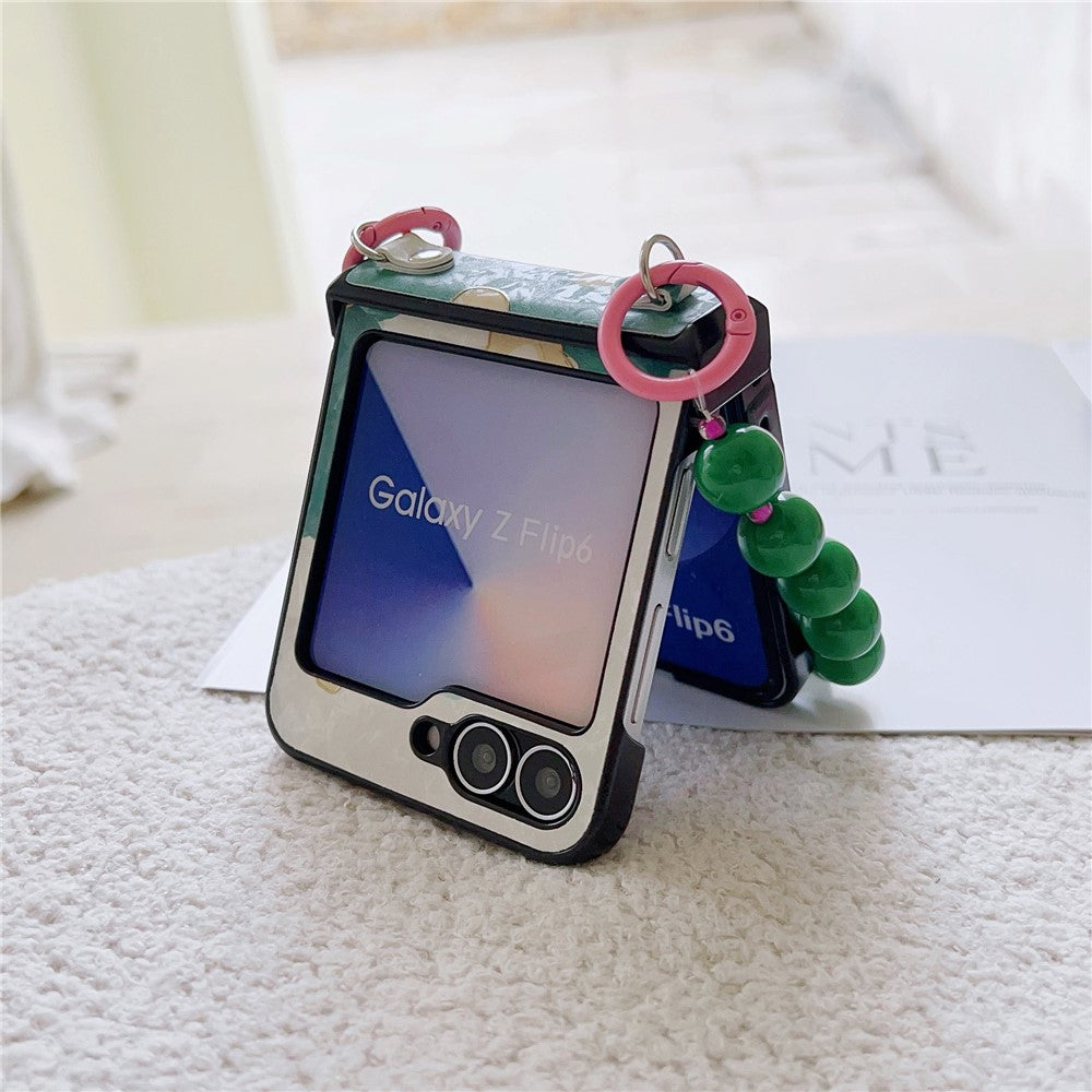 For Samsung Galaxy Z Flip7 FE 5G / Z Flip6 5G Case Floral Pattern PU + PC Protective Phone Cover with Strap - Green Flower