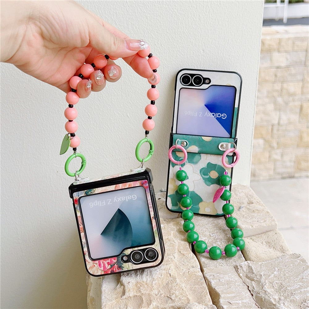 For Samsung Galaxy Z Flip7 FE 5G / Z Flip6 5G Case Floral Pattern PU + PC Protective Phone Cover with Strap - Green Flower