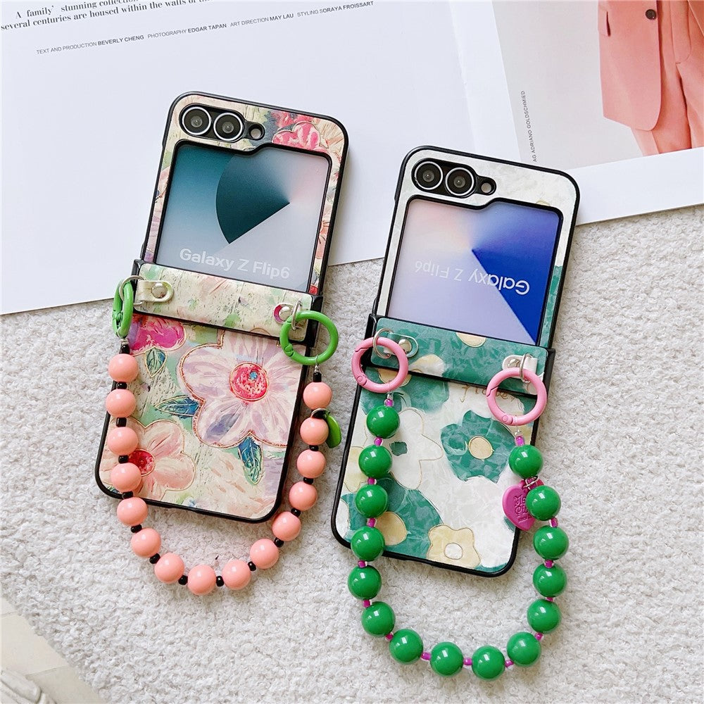 For Samsung Galaxy Z Flip7 FE 5G / Z Flip6 5G Case Floral Pattern PU + PC Protective Phone Cover with Strap - Green Flower