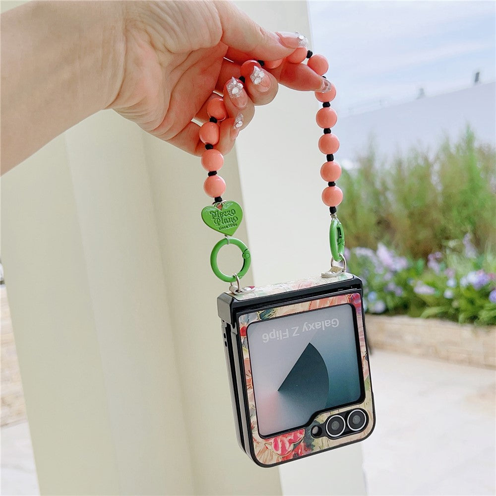 For Samsung Galaxy Z Flip7 FE 5G / Z Flip6 5G Case Floral Pattern PU + PC Protective Phone Cover with Strap - Pink Flower