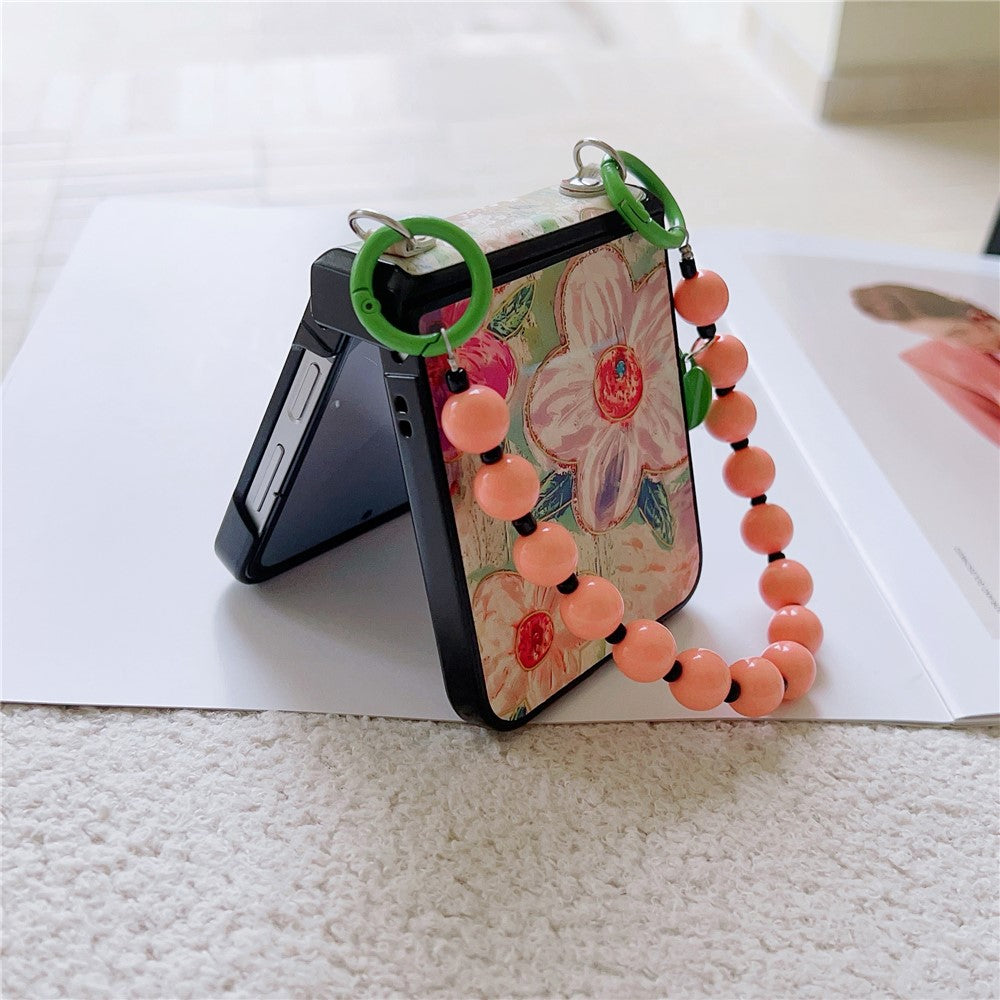 For Samsung Galaxy Z Flip7 FE 5G / Z Flip6 5G Case Floral Pattern PU + PC Protective Phone Cover with Strap - Pink Flower