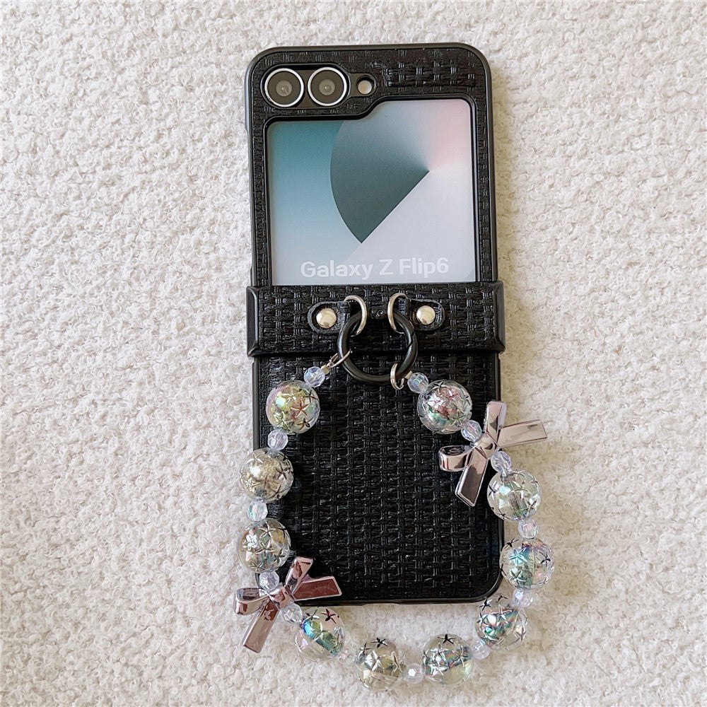 For Samsung Galaxy Z Flip7 FE 5G / Z Flip6 5G Case Silk Texture Luxury Style PU Leather + PC Phone Cover with Butterfly Bow Strap - Black