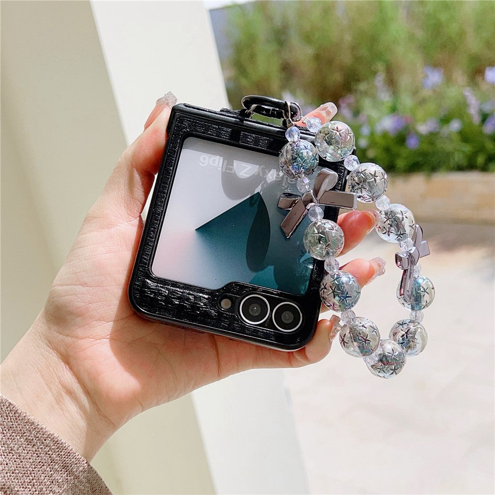 For Samsung Galaxy Z Flip7 FE 5G / Z Flip6 5G Case Silk Texture Luxury Style PU Leather + PC Phone Cover with Butterfly Bow Strap - Black