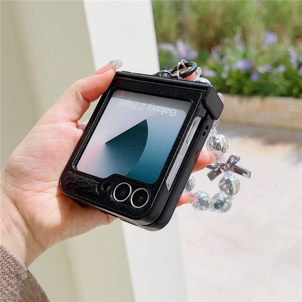 For Samsung Galaxy Z Flip7 FE 5G / Z Flip6 5G Case Silk Texture Luxury Style PU Leather + PC Phone Cover with Butterfly Bow Strap - Black