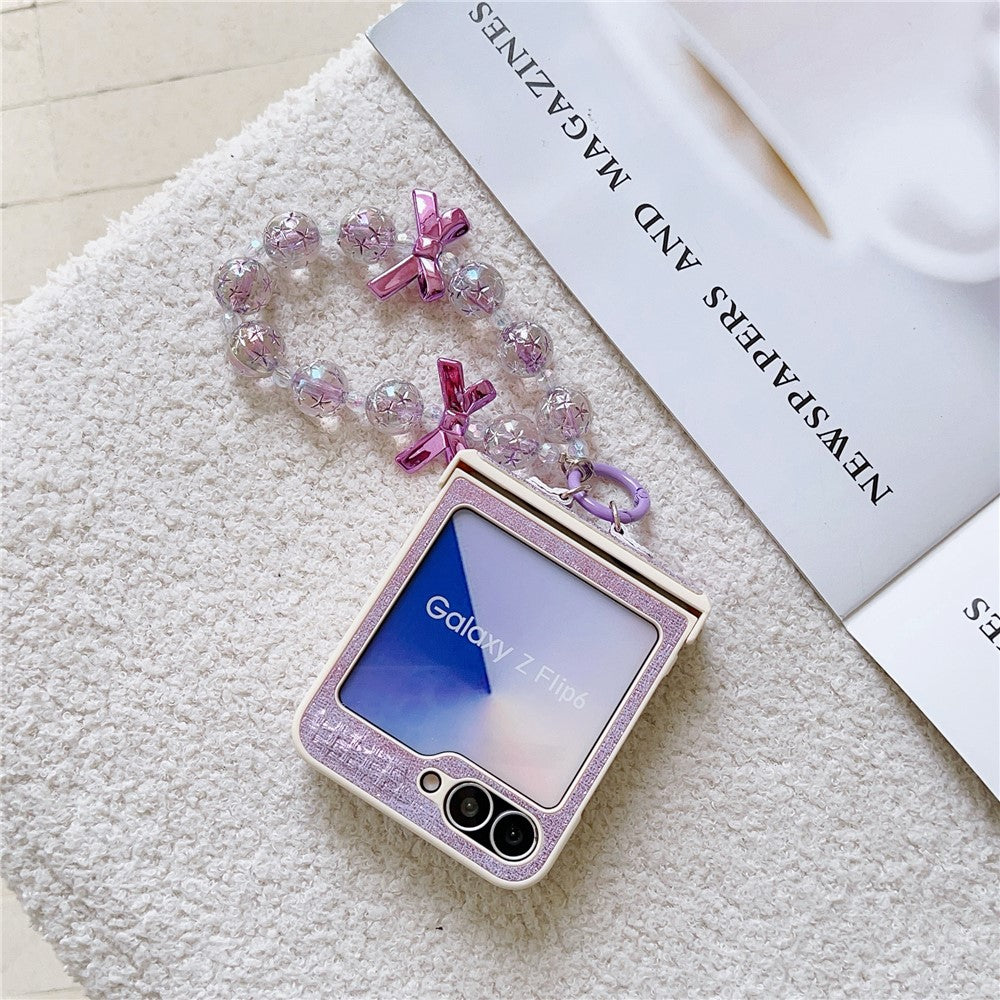 For Samsung Galaxy Z Flip7 FE 5G / Z Flip6 5G Case Silk Texture Luxury Style PU Leather + PC Phone Cover with Butterfly Bow Strap - Purple