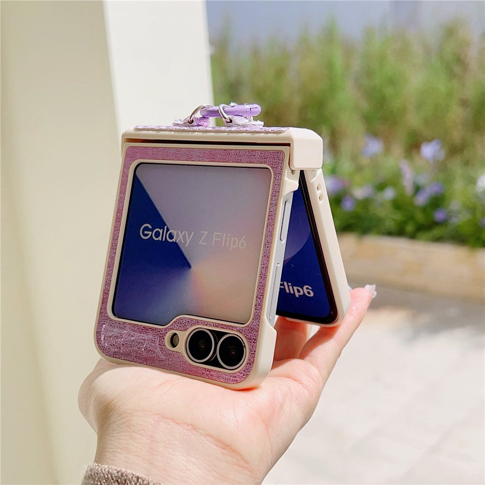 For Samsung Galaxy Z Flip7 FE 5G / Z Flip6 5G Case Silk Texture Luxury Style PU Leather + PC Phone Cover with Butterfly Bow Strap - Purple