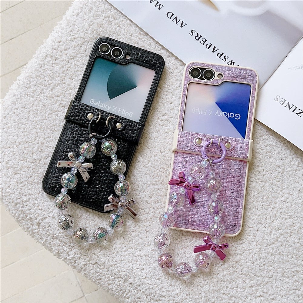 For Samsung Galaxy Z Flip7 FE 5G / Z Flip6 5G Case Silk Texture Luxury Style PU Leather + PC Phone Cover with Butterfly Bow Strap - Purple