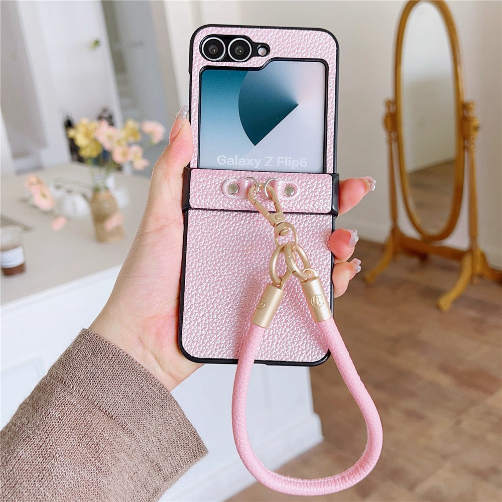 For Samsung Galaxy Z Flip7 FE 5G / Z Flip6 5G Case Litchi Texture PU + PC Phone Back Cover with Strap - Pink