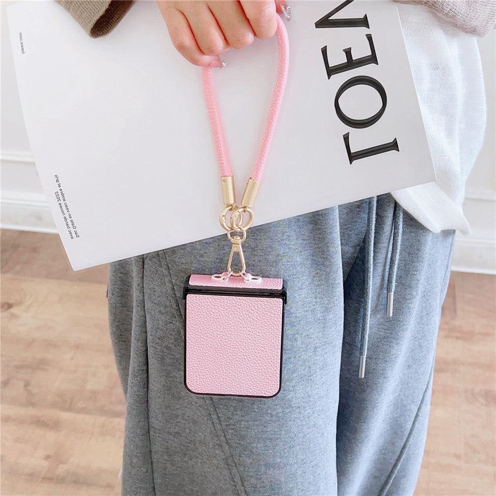 For Samsung Galaxy Z Flip7 FE 5G / Z Flip6 5G Case Litchi Texture PU + PC Phone Back Cover with Strap - Pink