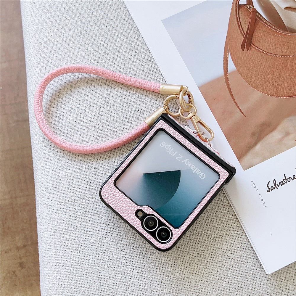 For Samsung Galaxy Z Flip7 FE 5G / Z Flip6 5G Case Litchi Texture PU + PC Phone Back Cover with Strap - Pink