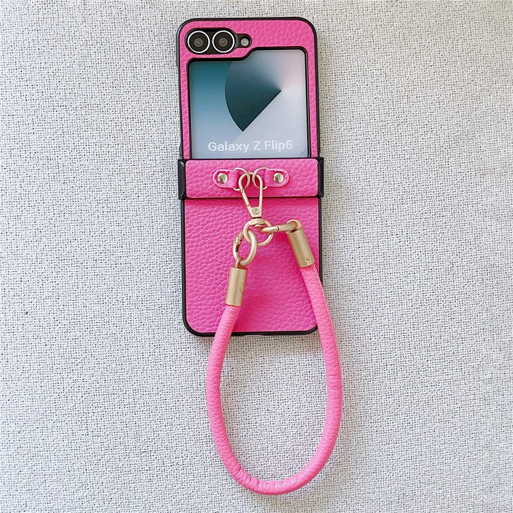 For Samsung Galaxy Z Flip7 FE 5G / Z Flip6 5G Case Litchi Texture PU + PC Phone Back Cover with Strap - Pink