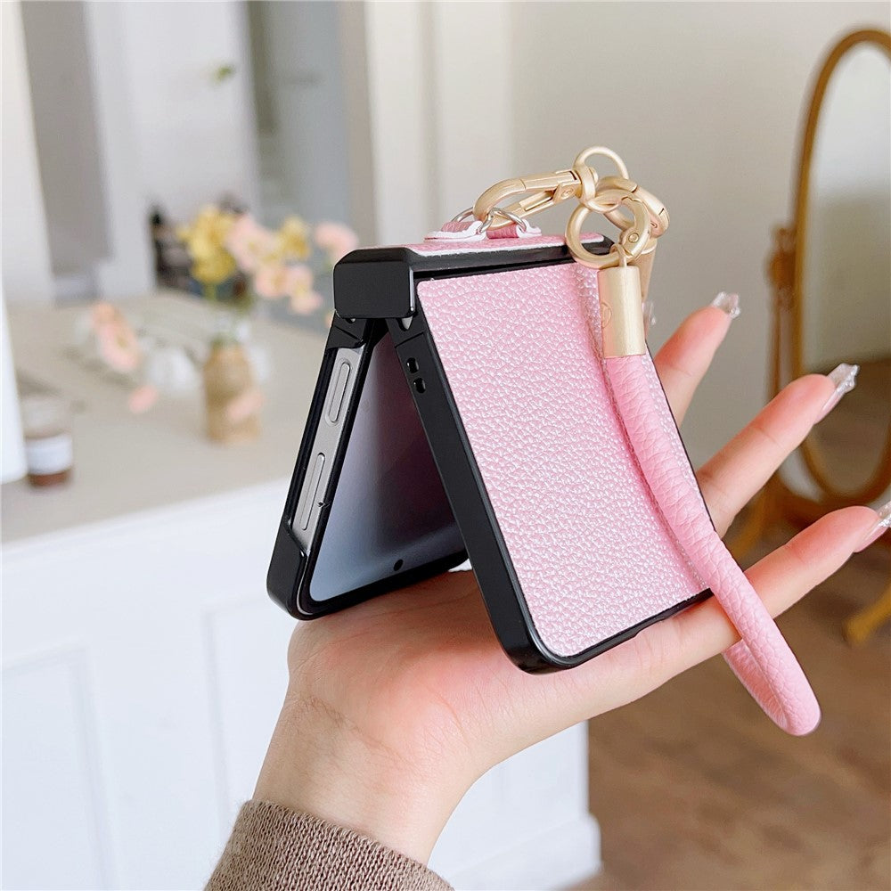 For Samsung Galaxy Z Flip7 FE 5G / Z Flip6 5G Case Litchi Texture PU + PC Phone Back Cover with Strap - Pink