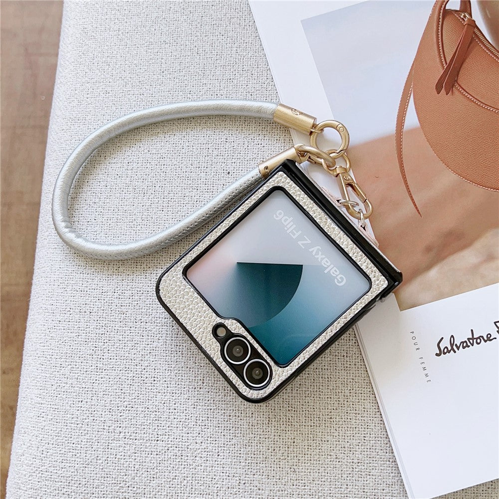 For Samsung Galaxy Z Flip7 FE 5G / Z Flip6 5G Case Litchi Texture PU + PC Phone Back Cover with Strap - Silver
