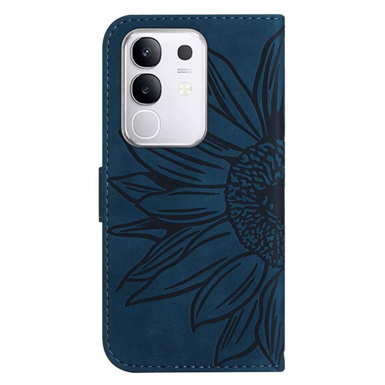 For vivo Y29 4G Case Sunflower Imprint Leather Wallet Phone Cover with Wrist Strap - Dark Blue