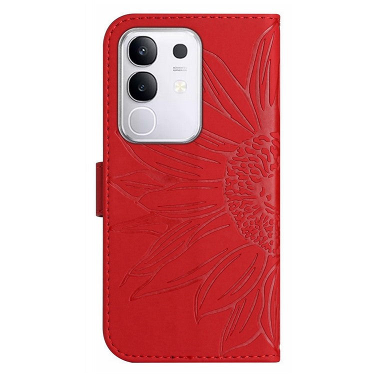 For vivo Y29 4G Case Sunflower Imprint Leather Wallet Phone Cover with Wrist Strap - Red