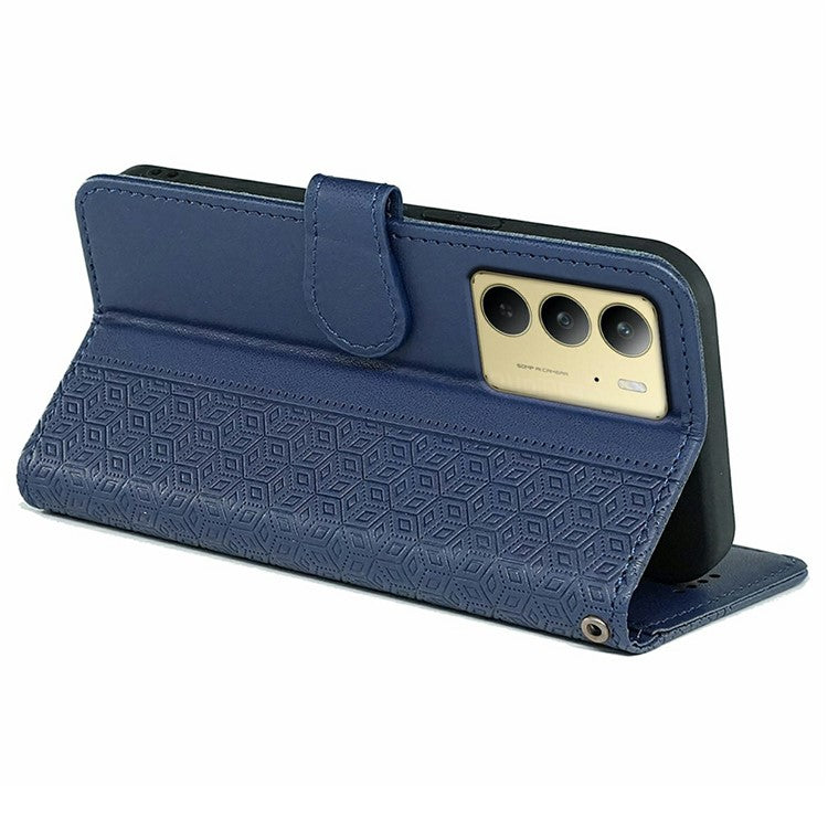 For Realme C75 Case Anti Scratch Splicing Imprinted Rhombus Leather Phone Cover - Blue