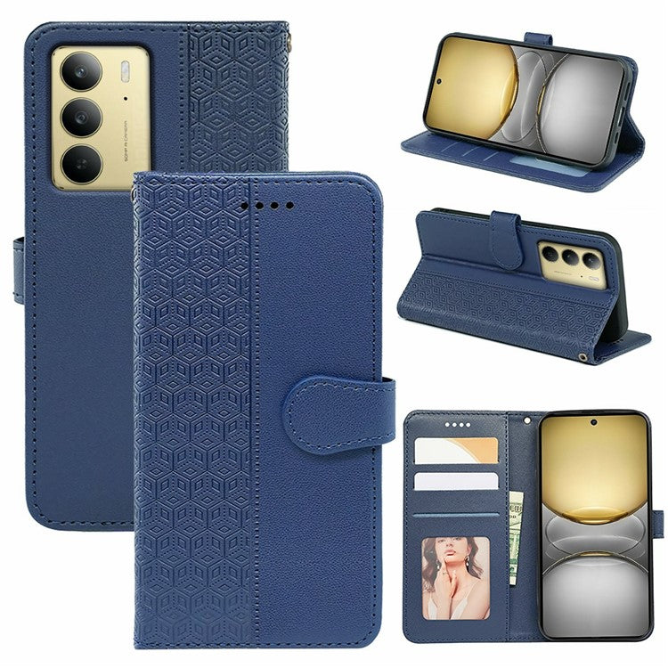 For Realme C75 Case Anti Scratch Splicing Imprinted Rhombus Leather Phone Cover - Blue