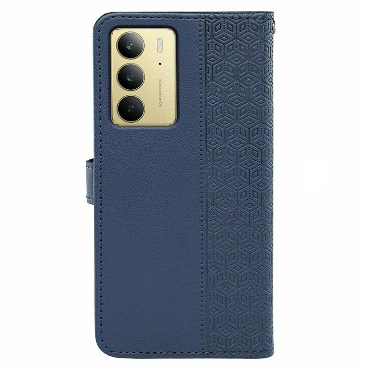 For Realme C75 Case Anti Scratch Splicing Imprinted Rhombus Leather Phone Cover - Blue