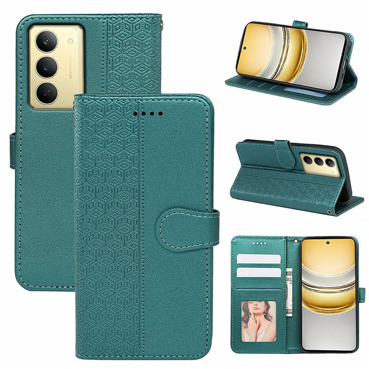 For Realme V60 Pro 5G / 14x 5G Case Anti Scratch Splicing Imprinted Rhombus Leather Phone Cover - Green