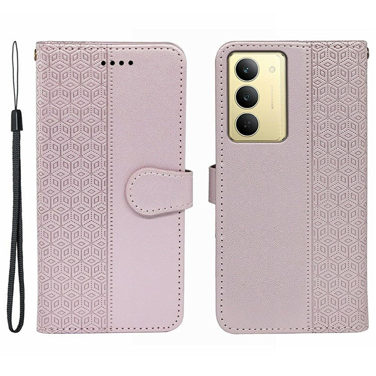 For Realme V60 Pro 5G / 14x 5G Case Anti Scratch Splicing Imprinted Rhombus Leather Phone Cover - Rose Gold