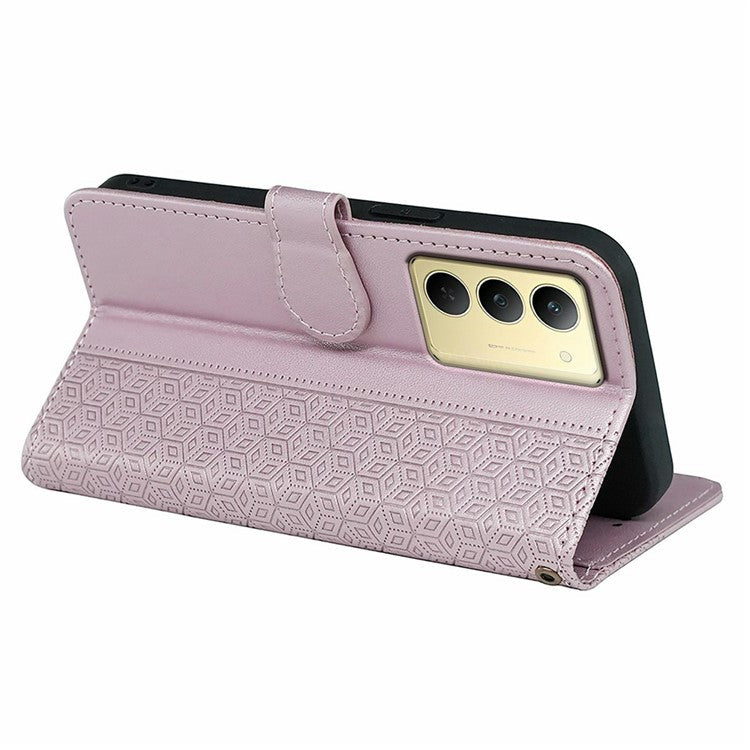 For Realme V60 Pro 5G / 14x 5G Case Anti Scratch Splicing Imprinted Rhombus Leather Phone Cover - Rose Gold
