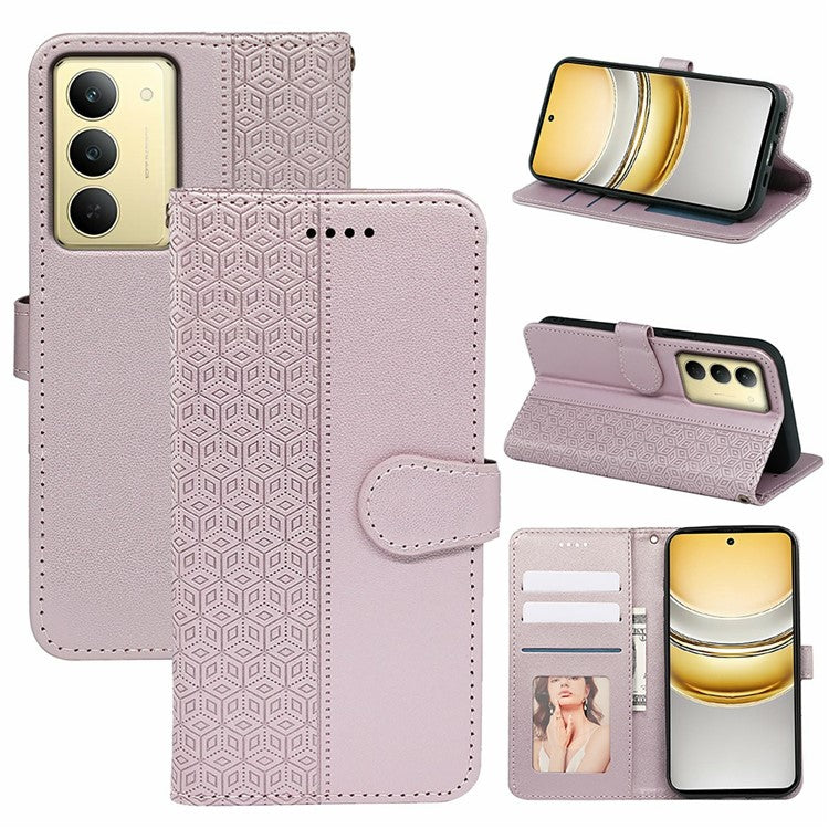 For Realme V60 Pro 5G / 14x 5G Case Anti Scratch Splicing Imprinted Rhombus Leather Phone Cover - Rose Gold