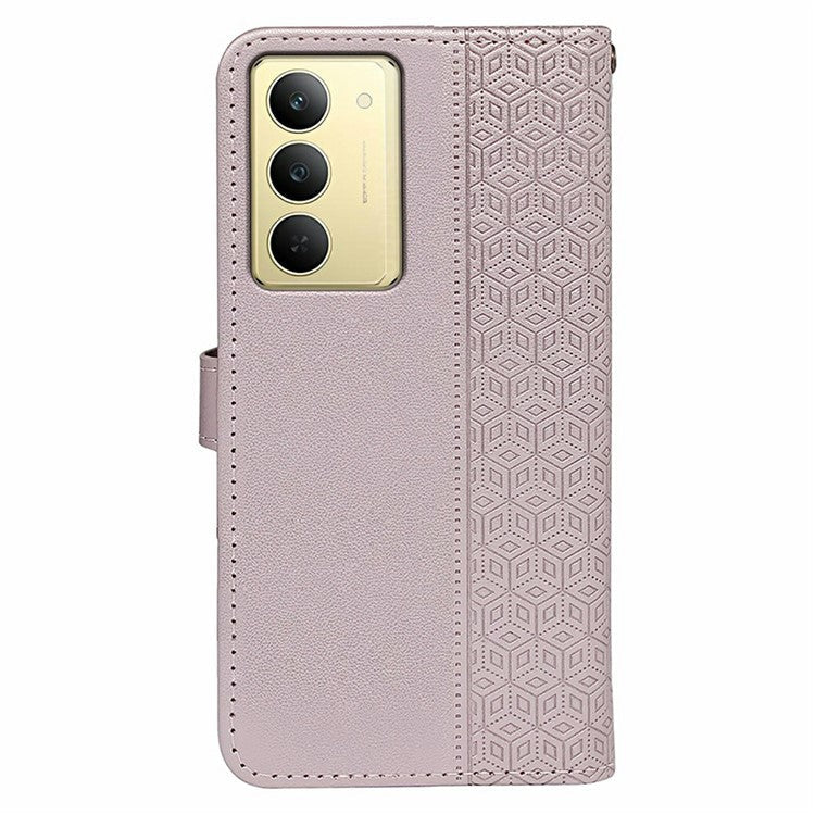 For Realme V60 Pro 5G / 14x 5G Case Anti Scratch Splicing Imprinted Rhombus Leather Phone Cover - Rose Gold