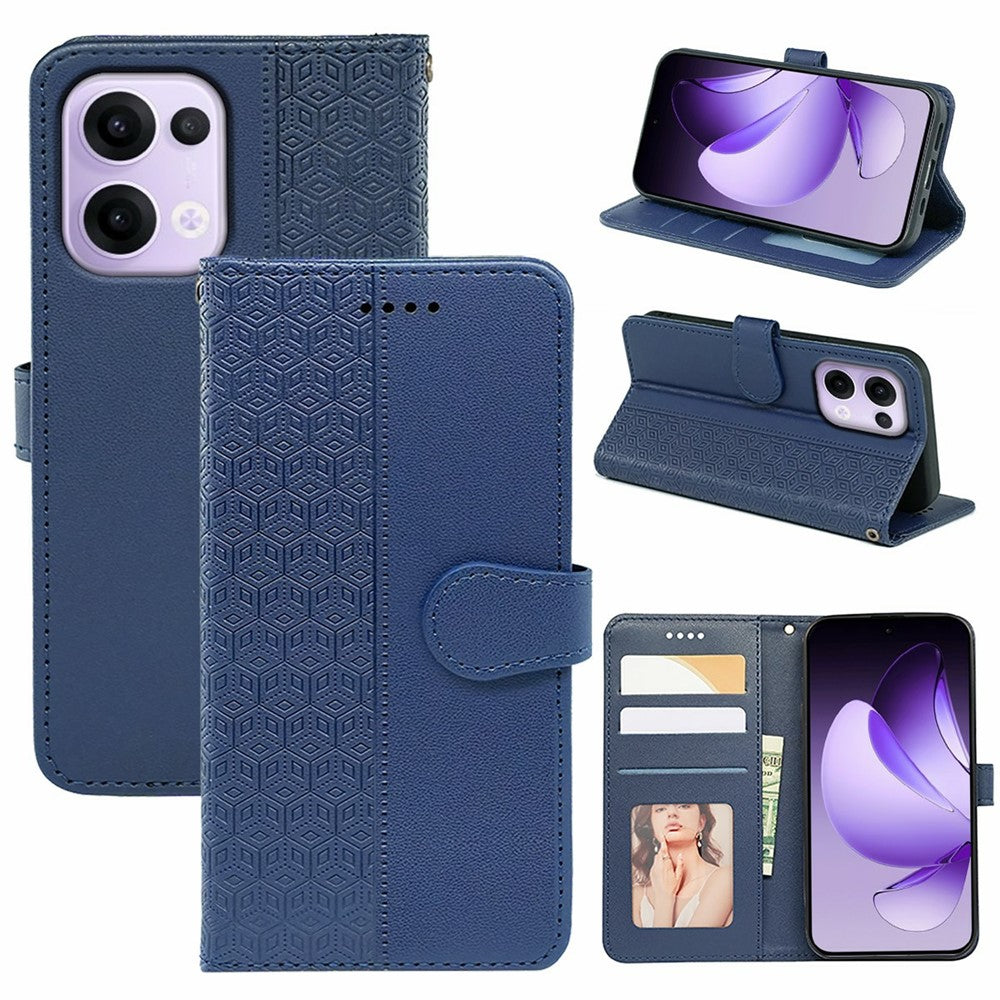 For Oppo Reno13 5G (Global) Case Anti Scratch Splicing Imprinted Rhombus Leather Phone Cover - Blue