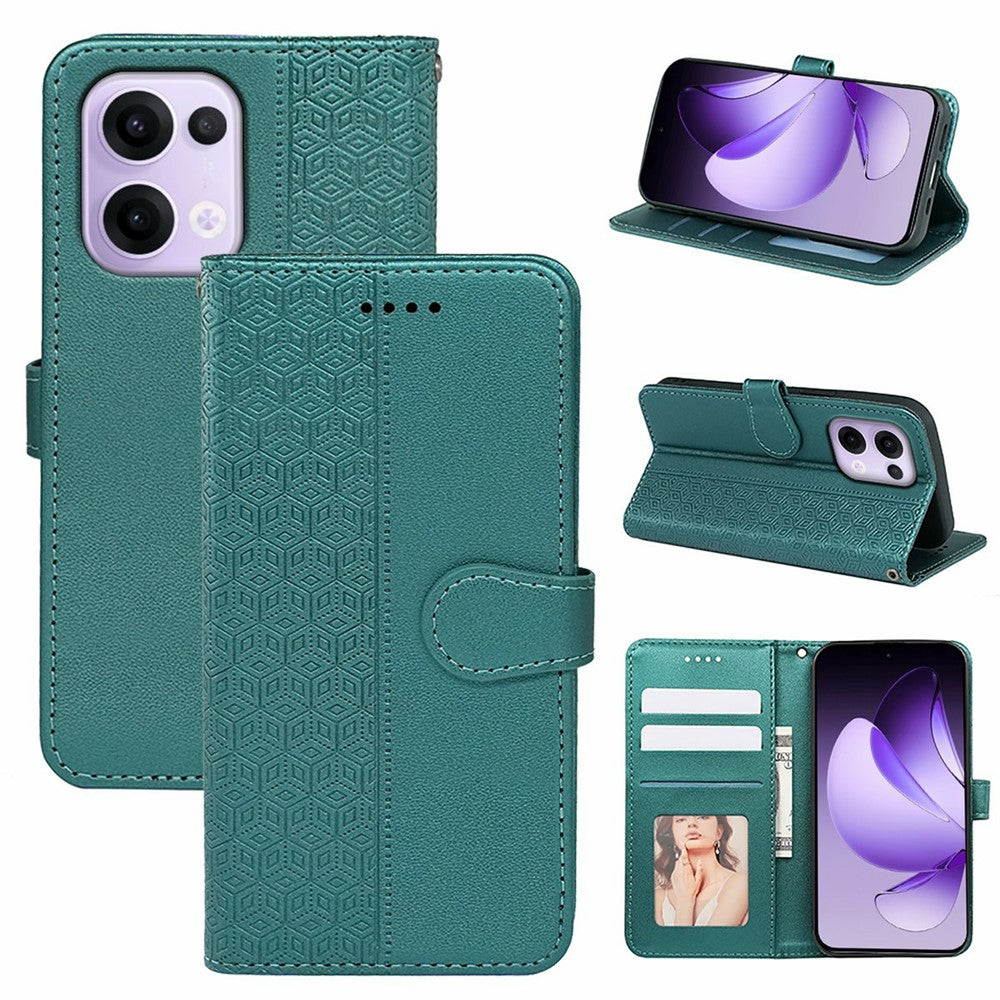 For Oppo Reno13 5G (Global) Case Anti Scratch Splicing Imprinted Rhombus Leather Phone Cover - Green