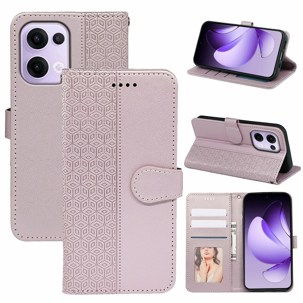 For Oppo Reno13 5G (Global) Case Anti Scratch Splicing Imprinted Rhombus Leather Phone Cover - Rose Gold