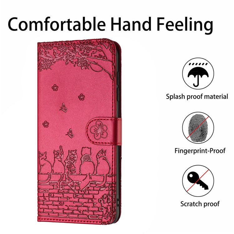 For Samsung Galaxy S25 Edge Case with Wrist Strap Leather Phone Cover Wall Cats Pattern - Red