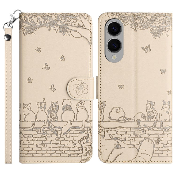 For Samsung Galaxy S25 Edge Case with Wrist Strap Leather Phone Cover Wall Cats Pattern - Apricot
