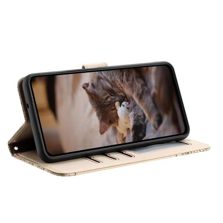 For Samsung Galaxy S25 Edge Case with Wrist Strap Leather Phone Cover Wall Cats Pattern - Apricot