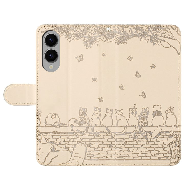 For Samsung Galaxy S25 Edge Case with Wrist Strap Leather Phone Cover Wall Cats Pattern - Apricot