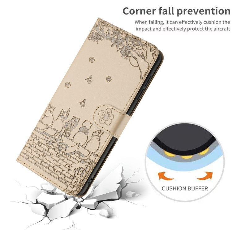 For Samsung Galaxy S25 Edge Case with Wrist Strap Leather Phone Cover Wall Cats Pattern - Apricot