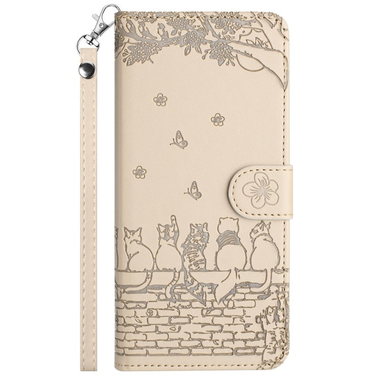 For Samsung Galaxy S25 Edge Case with Wrist Strap Leather Phone Cover Wall Cats Pattern - Apricot