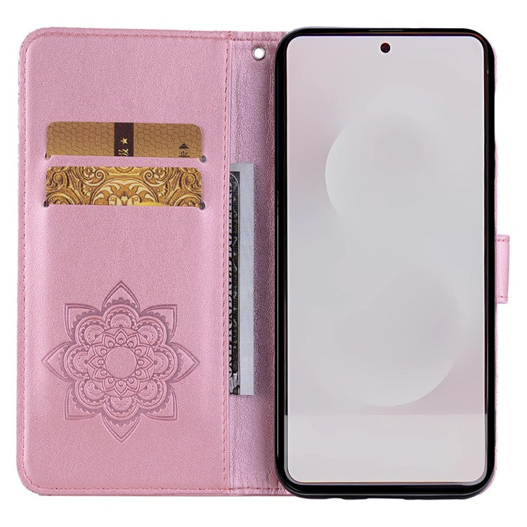 For Samsung Galaxy S25 Edge Wallet Case Owl Flower Imprinted Rhinestone Leather Cover - Rose Gold