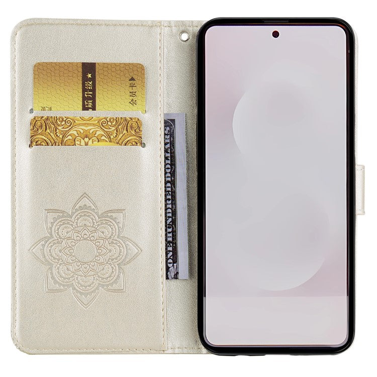 For Samsung Galaxy S25 Edge Wallet Case Owl Flower Imprinted Rhinestone Leather Cover - Gold