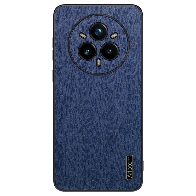 For Realme 14 Pro+ 5G Case Wood Texture PU Leather Coated PC TPU Phone Cover - Blue