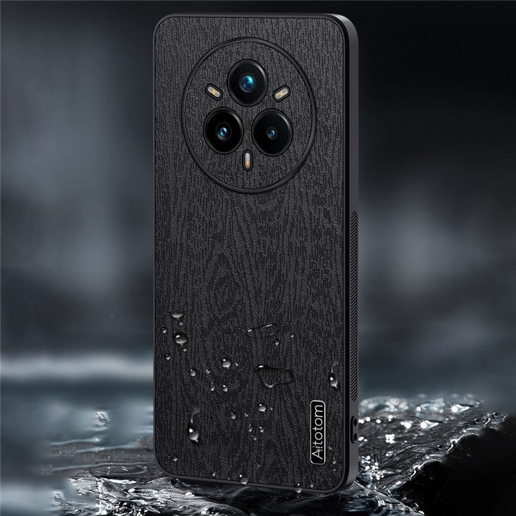 For Realme 14 Pro+ 5G Case Wood Texture PU Leather Coated PC TPU Phone Cover - Blue