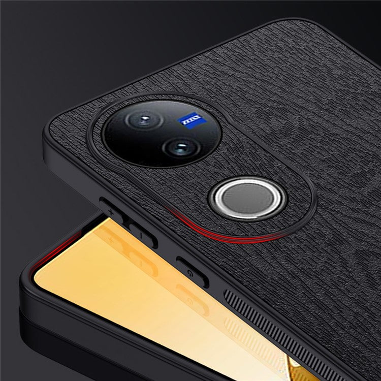 For vivo V50 5G Case Wood Texture PU Leather Coated PC TPU Phone Cover - Blue