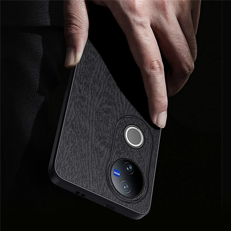 For vivo V50 5G Case Wood Texture PU Leather Coated PC TPU Phone Cover - Grey