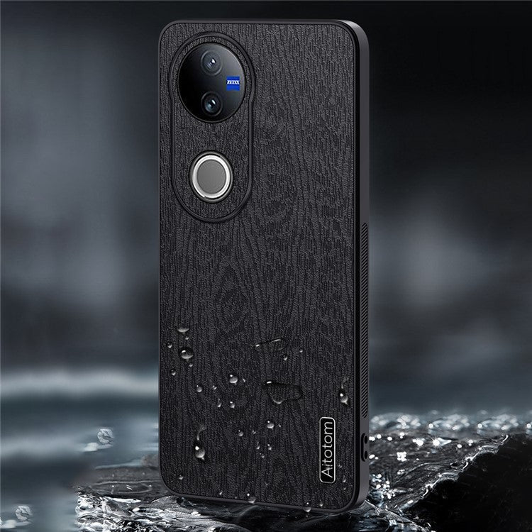 For vivo V50 5G Case Wood Texture PU Leather Coated PC TPU Phone Cover - Grey