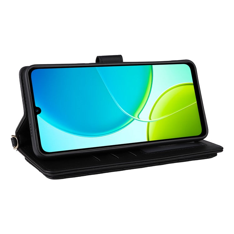 For vivo Y04 4G / Y29s 5G Case with Shoulder Strap Wallet Leather Phone Cover - Black