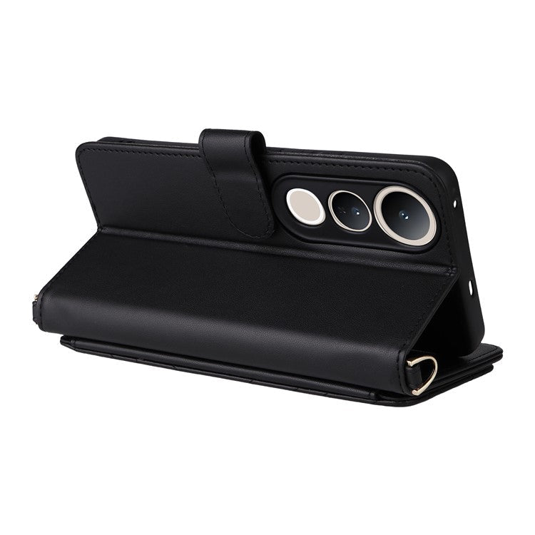 For vivo V50 Lite 4G / 5G Case with Shoulder Strap Wallet Leather Phone Cover - Black