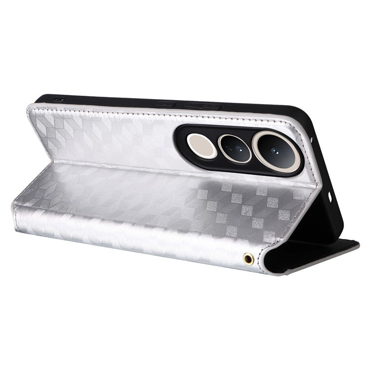 For vivo V50 Lite 4G / 5G Case Wallet Rhombus Imprinted Leather Phone Cover - Silver