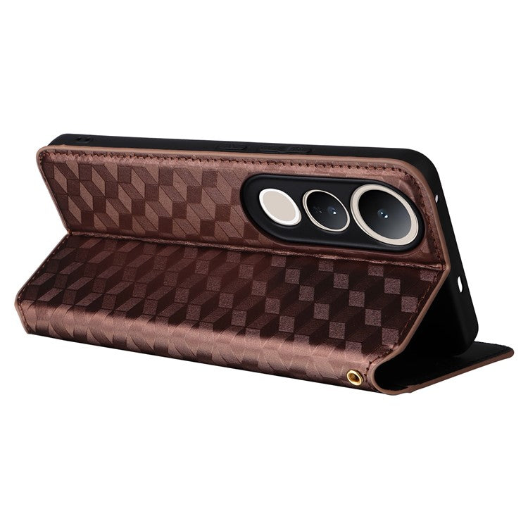 For vivo V50 Lite 4G / 5G Case Wallet Rhombus Imprinted Leather Phone Cover - Brown